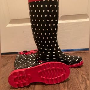 Red/black polka dot lined rain boots. Size 7